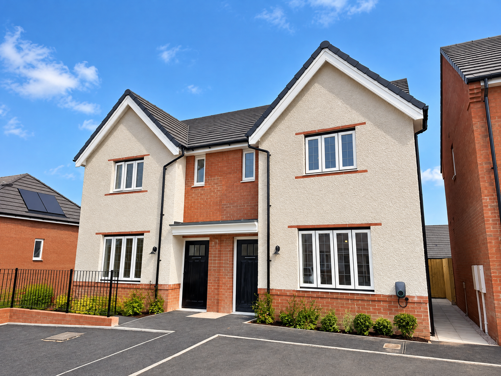 Property photo 1 of 10 A Modern Two-Story House With Tan Stucco And Red Brick Walls Stands Under A Bright Blue Sky With Sca