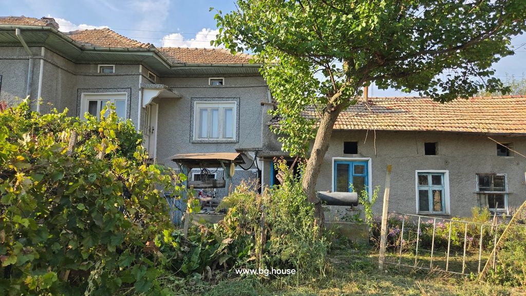 Property photo 3 of 64 Two-Story House With Gray Walls And Tiled Roof, Garden Plants And A Tree In Front Under Blue Sky.