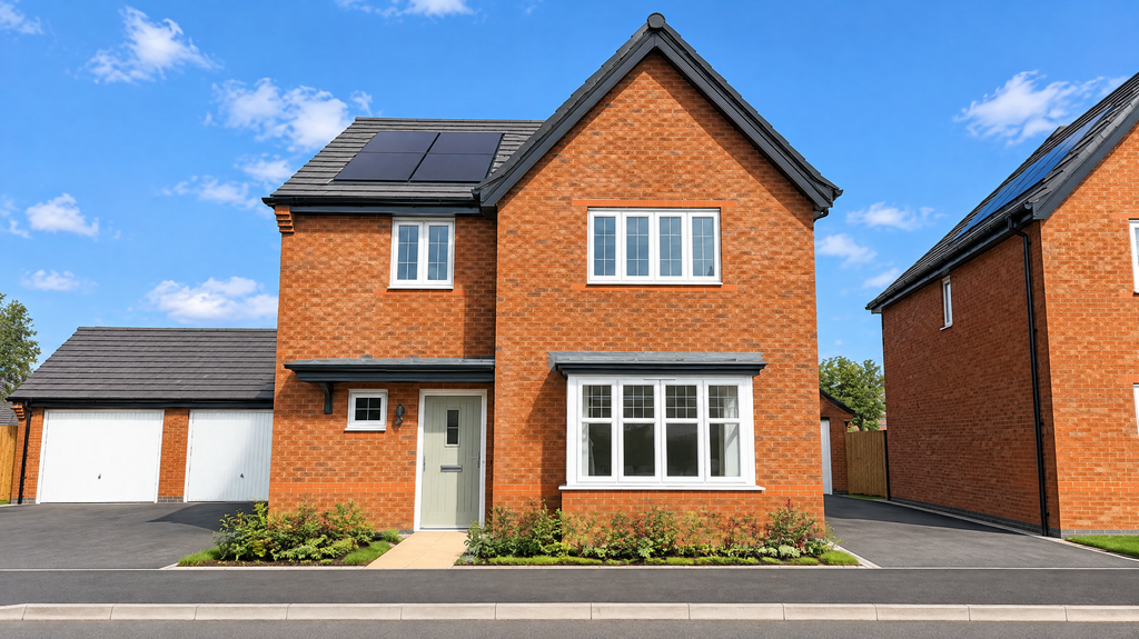 Property photo 1 of 7 A Two-Story Red Brick House With Solar Panels On Its Roof Stands Under A Blue Sky With Scattered Clo