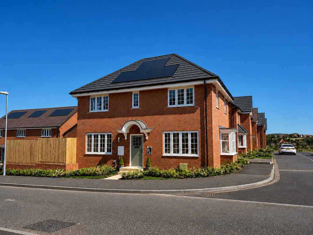 Property photo 1 of 9 A Modern Brick House With Solar Panels On Its Roof Sits In The Foreground