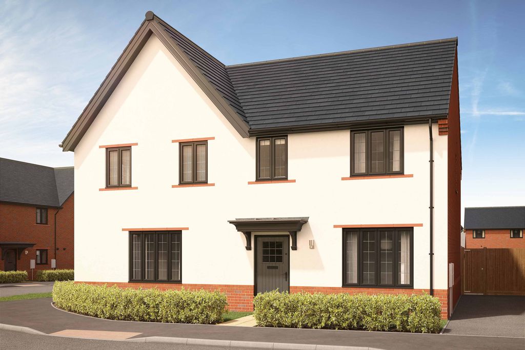Property photo 1 of 10 A Modern Two-Story White House With A Dark Grey Roof And Red Brick Accents Stands Before A Clear Blu