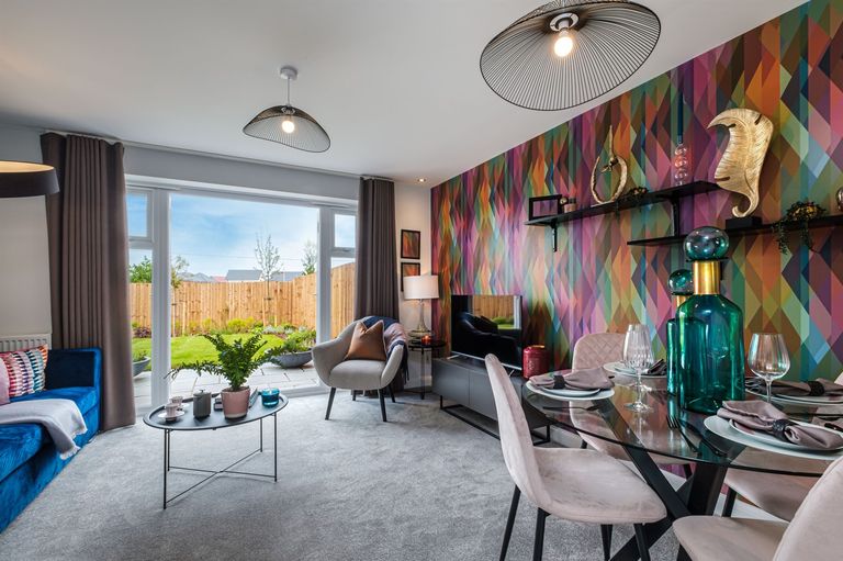 Property 3 of 6. Lounge With Bold Abstract Wallpaper And Open French Doors