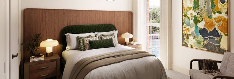 Property 3 of 4. CGI Of Double Bed, Bedside Tables And Wall Hanging, Armchair And Window Overlooking Body Of Water