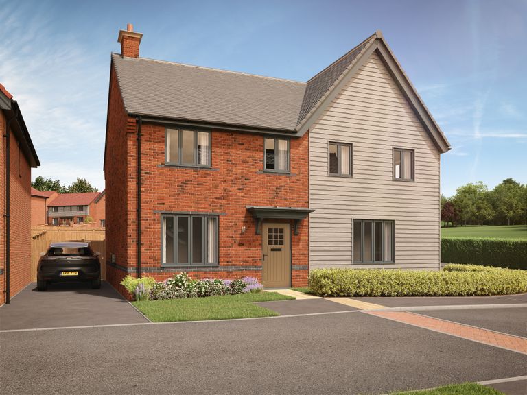 Property 1 of 10. A Modern Two-Story House With A Brick And Siding Exterior Sits On A Paved Driveway With A Car Parked