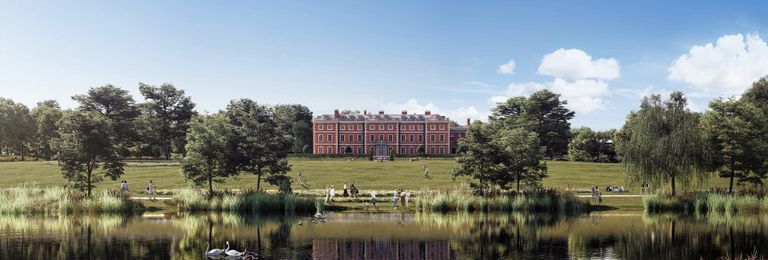Property 1 of 4. Red-Brick Mansion In Background On Open Estate, Water Feature In The Foreground