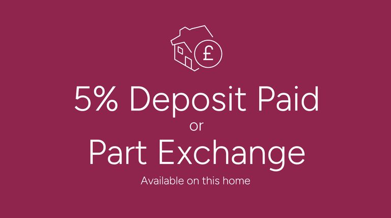 Property 2 of 10. A House Icon With A Pound Symbol Is Centered Above Large White Text Reading "5% Deposit Paid Or Part