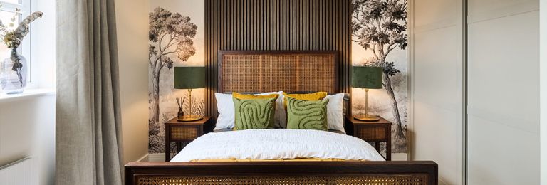 Property 1 of 1. An Interior Bedroom Image Close Up Of The Bed With A Wooden Headboard