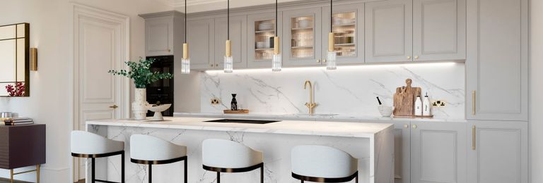 Property 2 of 4. Kitchen Breakfast Counter, Off-White Cabinets, Hanging Lights, Marble-White Splashblacks