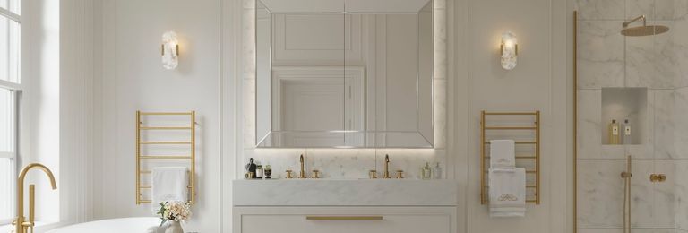 Property 3 of 4. Bathtub, Double Sink Basin And Separate Shower Unit Decorated With Gold-Coated Taps, Towel Racks