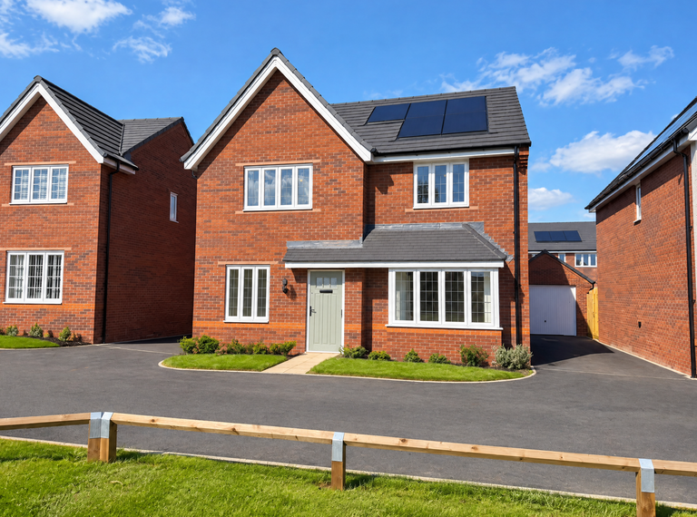 Property 1 of 10. A Wooden Fence And Green Grass Sit In The Foreground Before A Paved Driveway Leading To Modern Red-B