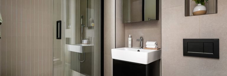 Property 3 of 4. Modern Designed Bathroom With Shower Unit, Wash Basin With Wall Mirror, Beige Tiling.