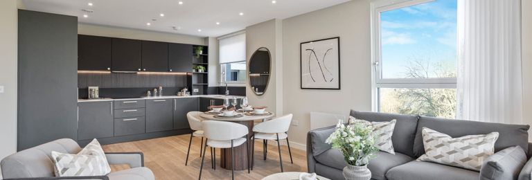 Property 1 of 5. Decorated Living-Dining Area And Kitchen, Grey And White Colour Palette
