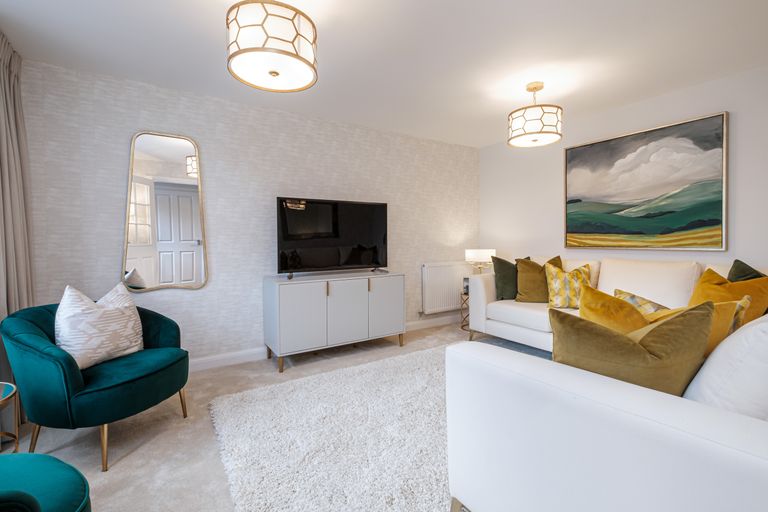Property 2 of 9. White Painted Lounge With Blue And Yellow Furniture