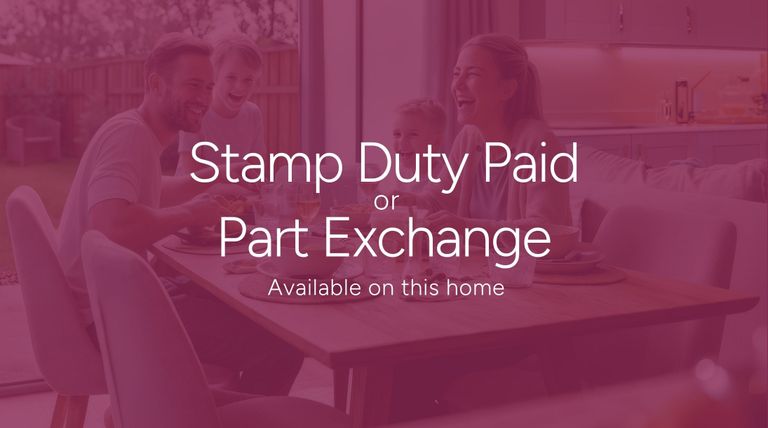 Property 1 of 9. A House Icon With A Pound Sign Is Centered Above The Text "Stamp Duty Or Part Exchange" On A Deep Pi